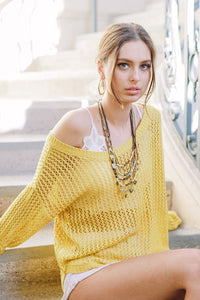 Open Knit Cross Back Sweater - Mustard