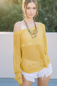 Open Knit Cross Back Sweater - Mustard